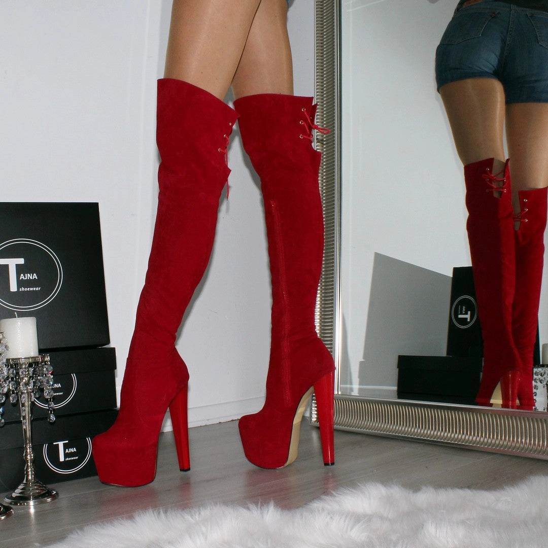 Over the Knee Red Suede Platform Boots