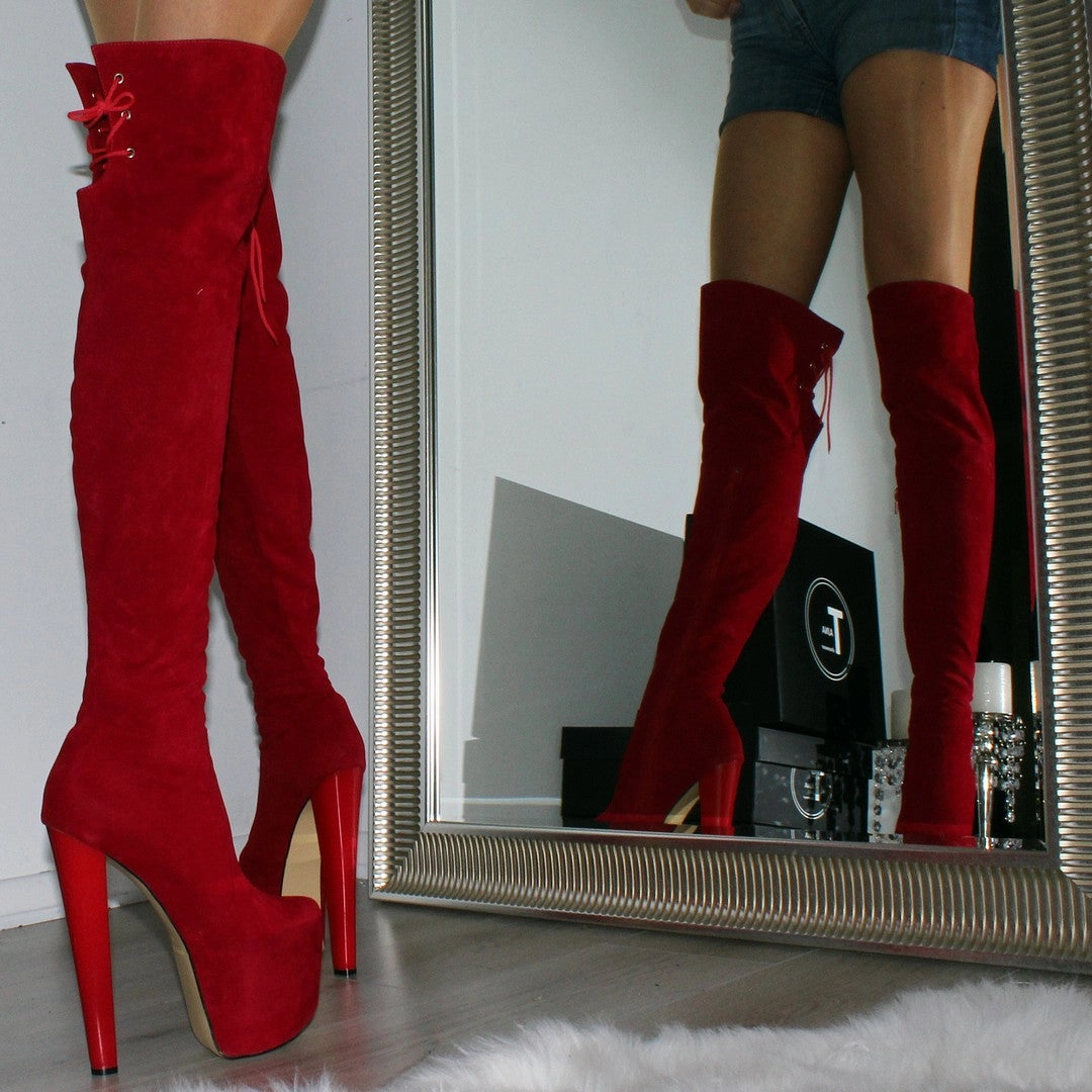 Over the Knee Red Suede Platform Boots