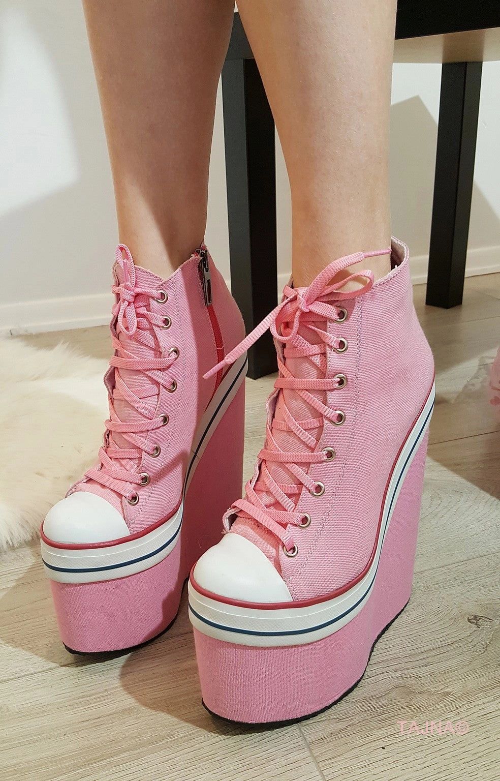 Pink Lace Up Sport High Heel Wedge Platform Booties