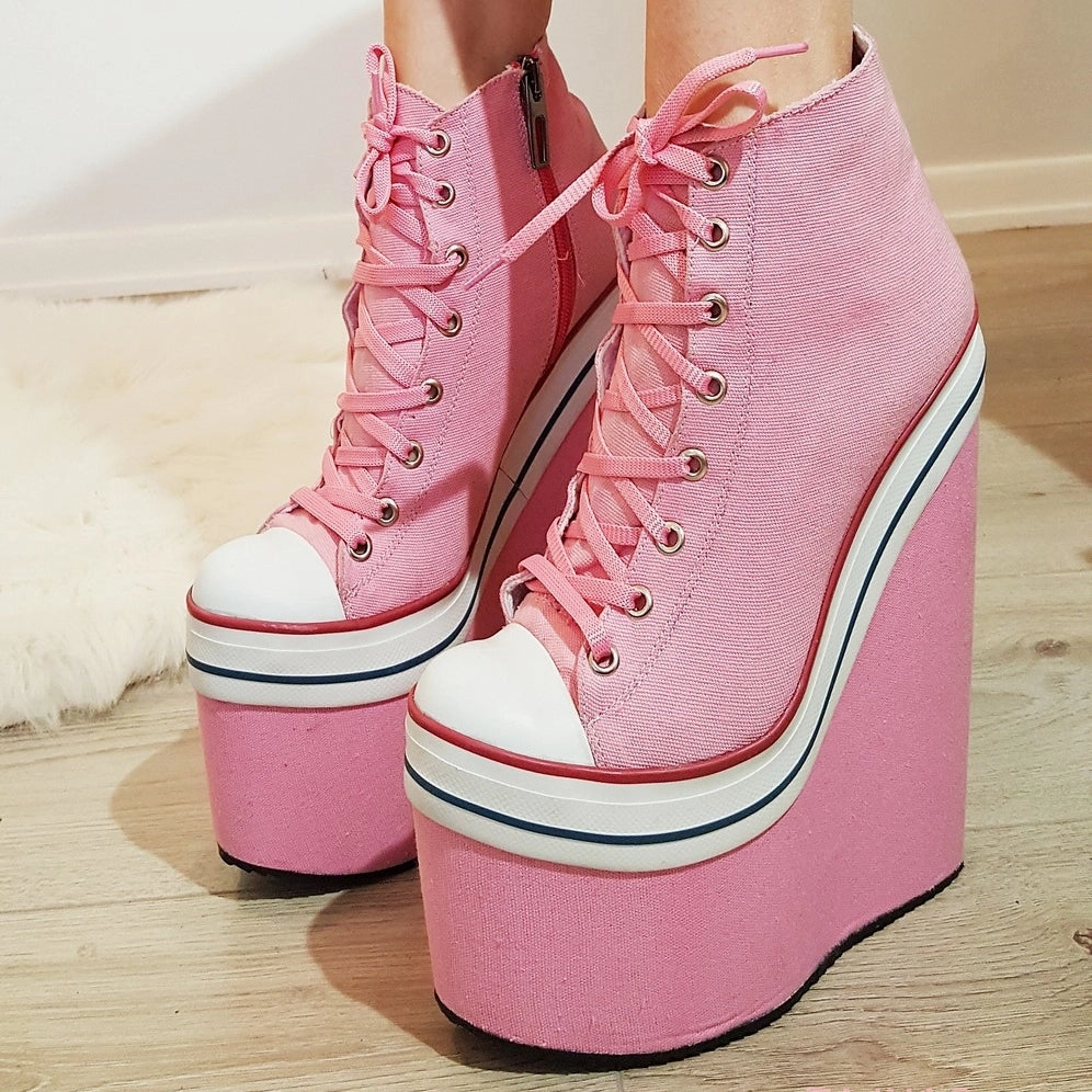Pink Lace Up Sport High Heel Wedge Platform Booties