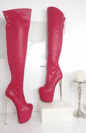 Pink Silver Heel Knee High Boots