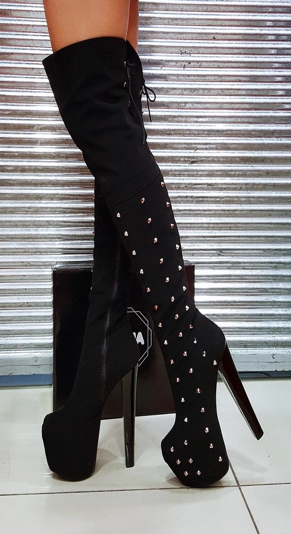 Pinned Black Suede Knee High Boots