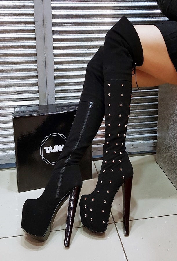 Pinned Black Suede Knee High Boots