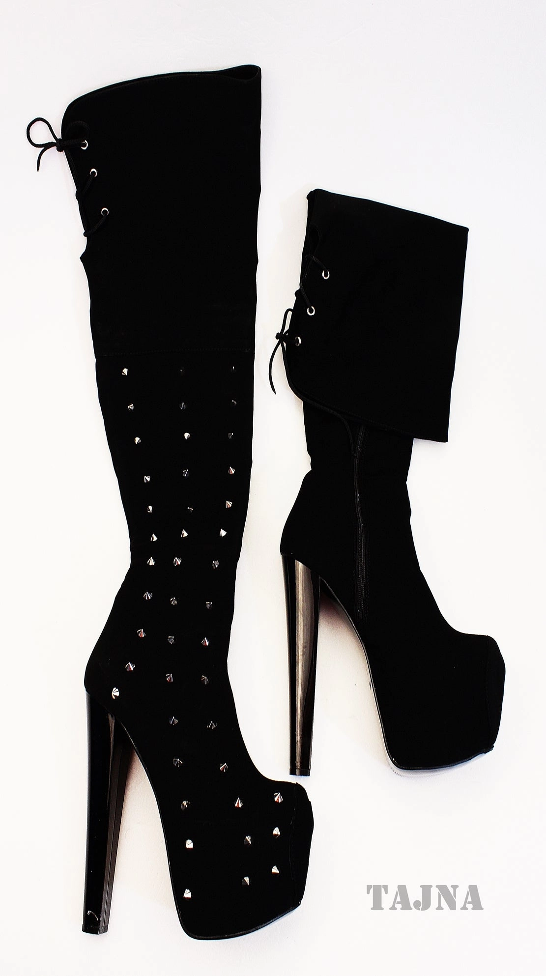 Pinned Black Suede Knee High Boots