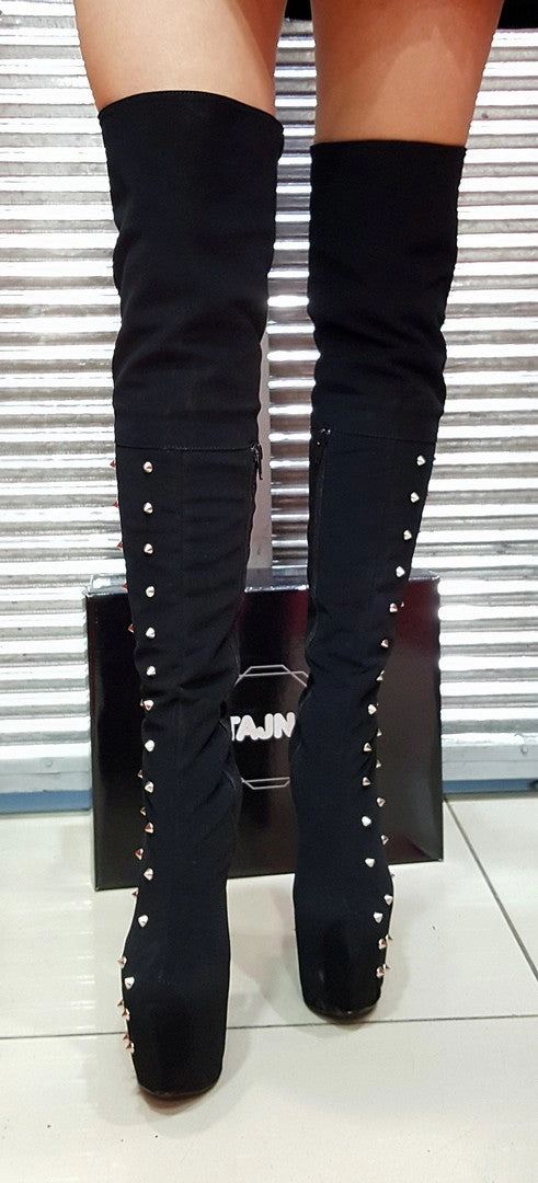 Pinned Black Suede Knee High Boots