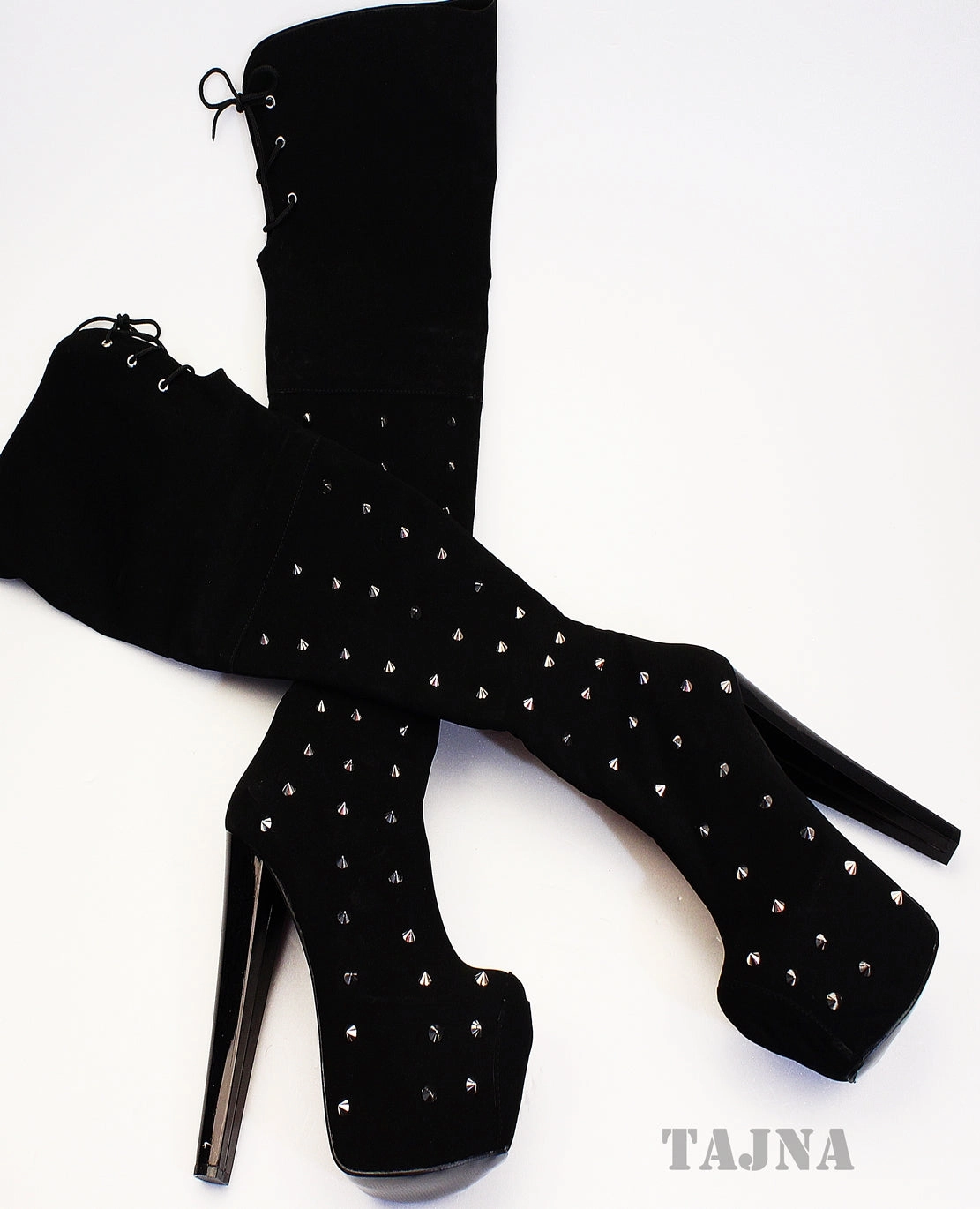 Pinned Black Suede Knee High Boots