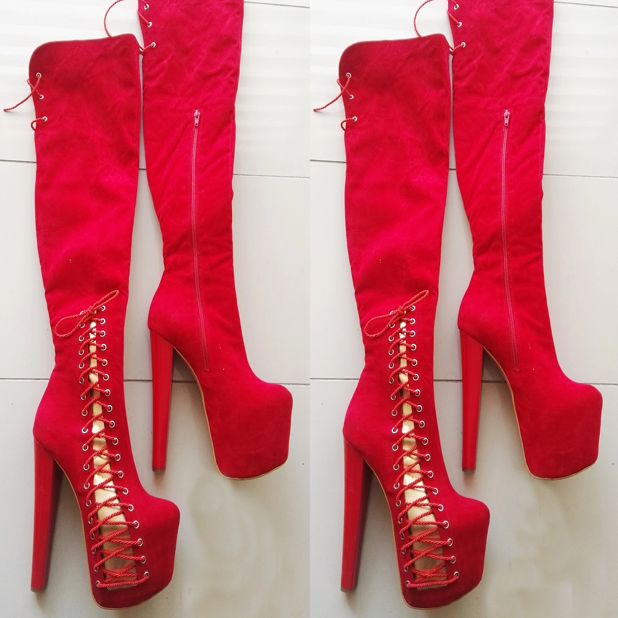 Red Corset Knee High Platform Boots