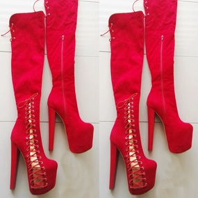 Red Corset Knee High Platform Boots