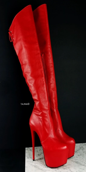 Red Genuine Leather Over The Knee Boots