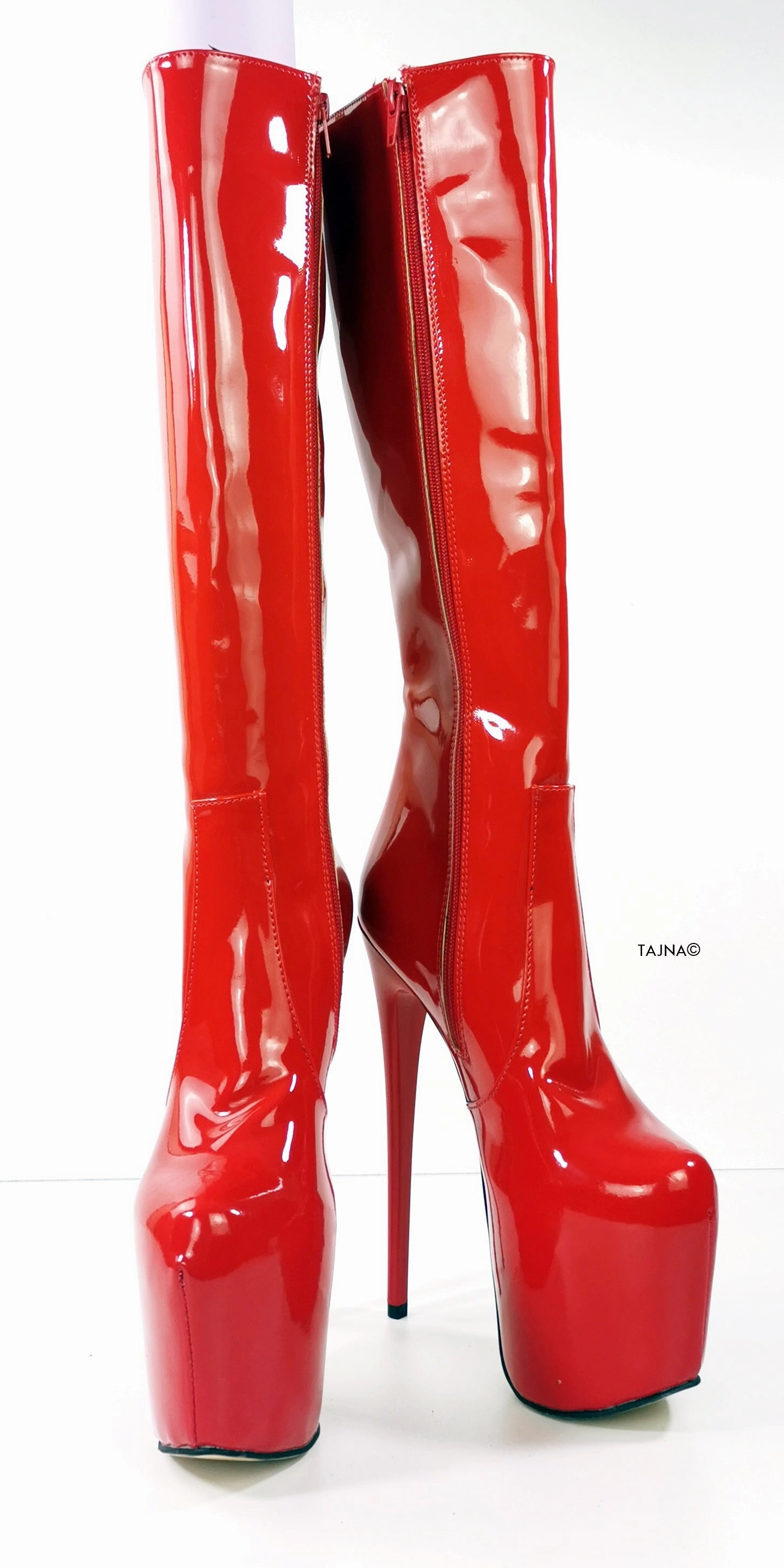 Red Gloss Mid Calf High Heel Boots