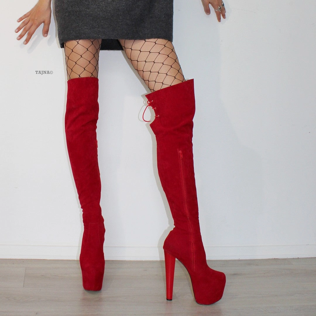 Red Suede 19 cm Knee High Platform Boots