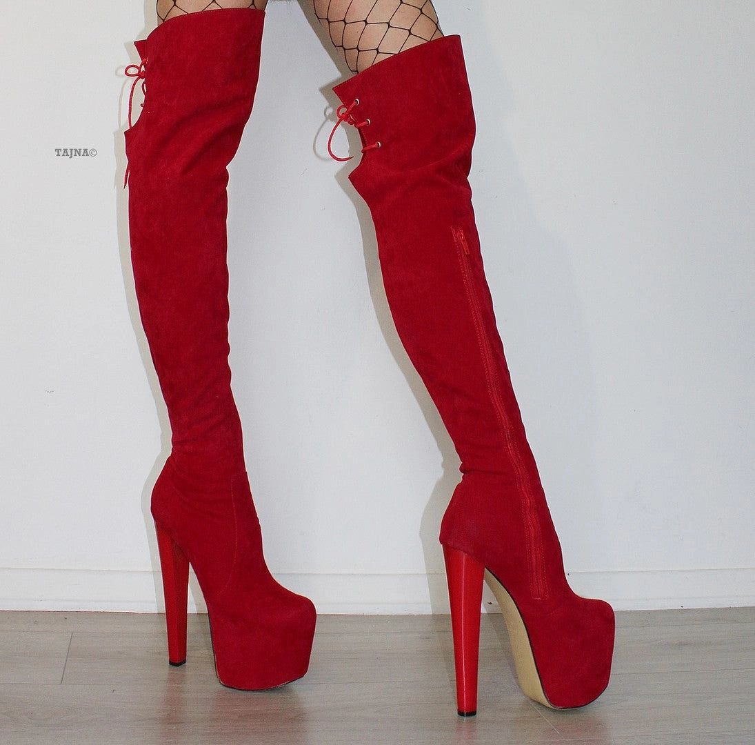 Red Suede 19 cm Knee High Platform Boots