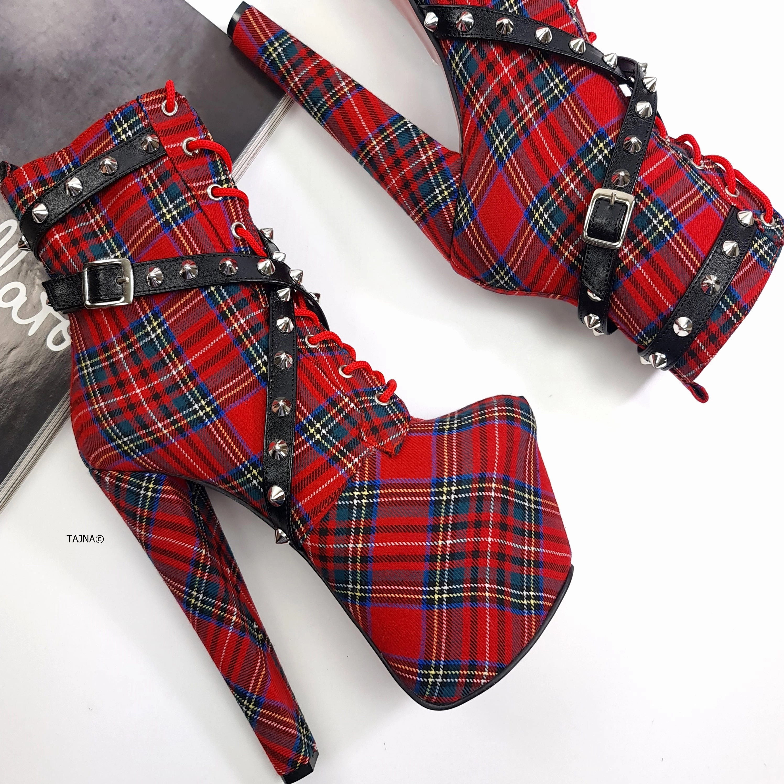 Red Tartan Spike Studs High Heel Rocker Boots