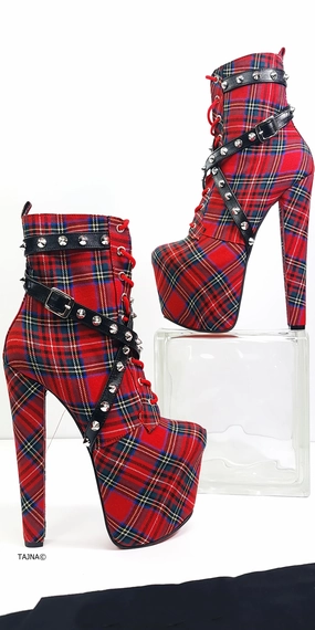 Red Tartan Spike Studs High Heel Rocker Boots