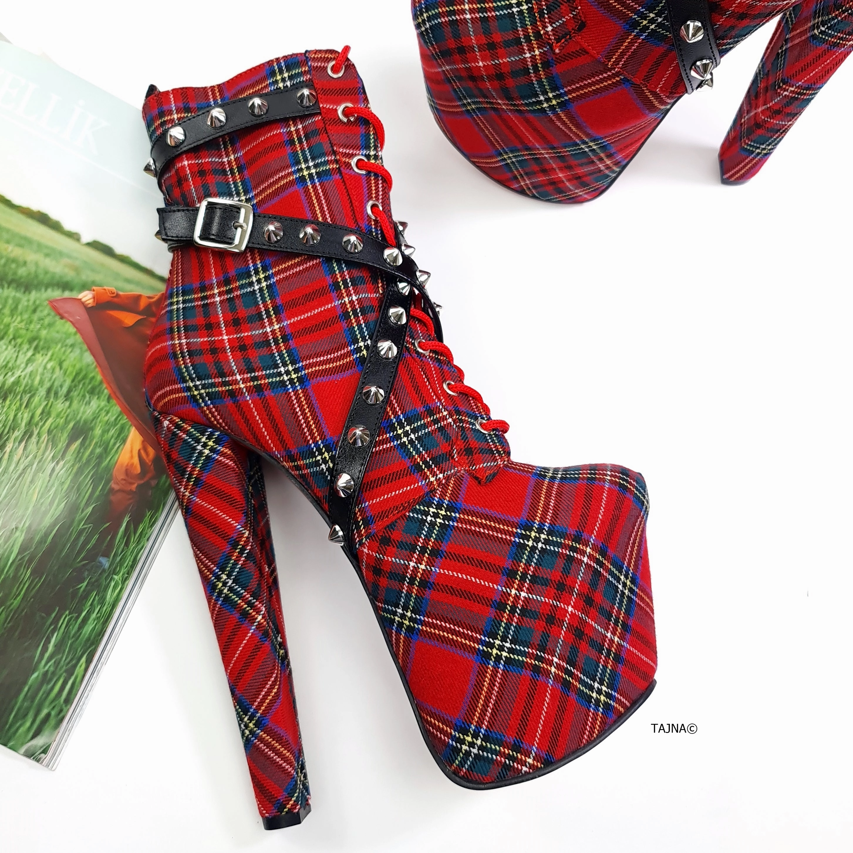 Red Tartan Spike Studs High Heel Rocker Boots