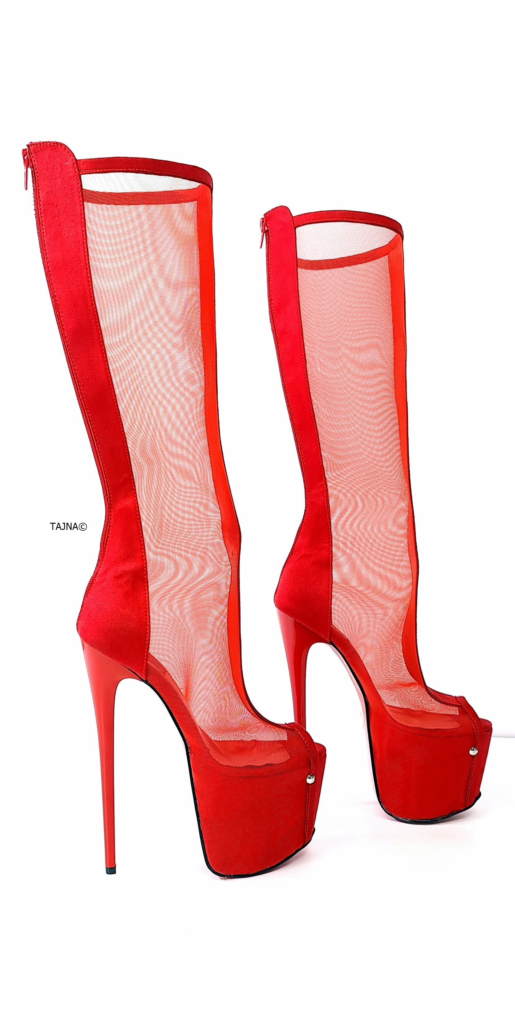 Red Transparent Mid Calf Heel Boots