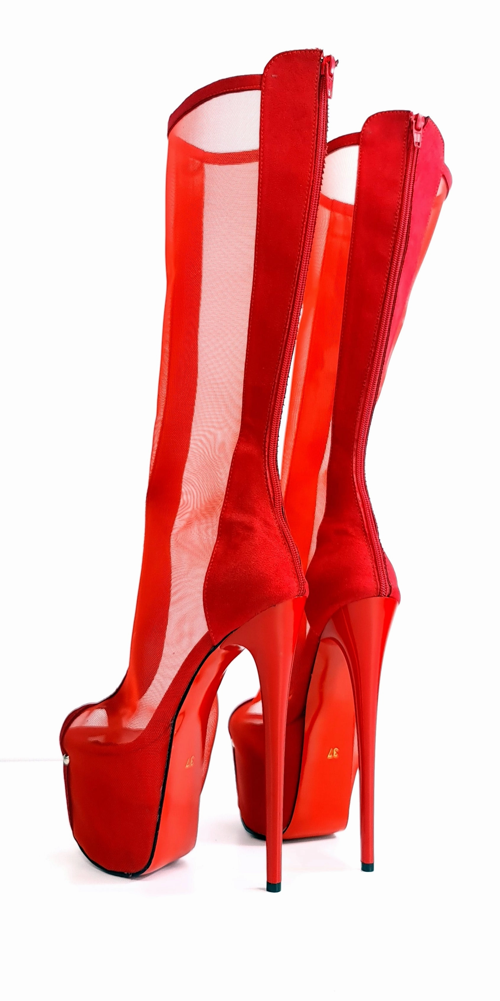 Red Transparent Mid Calf Heel Boots