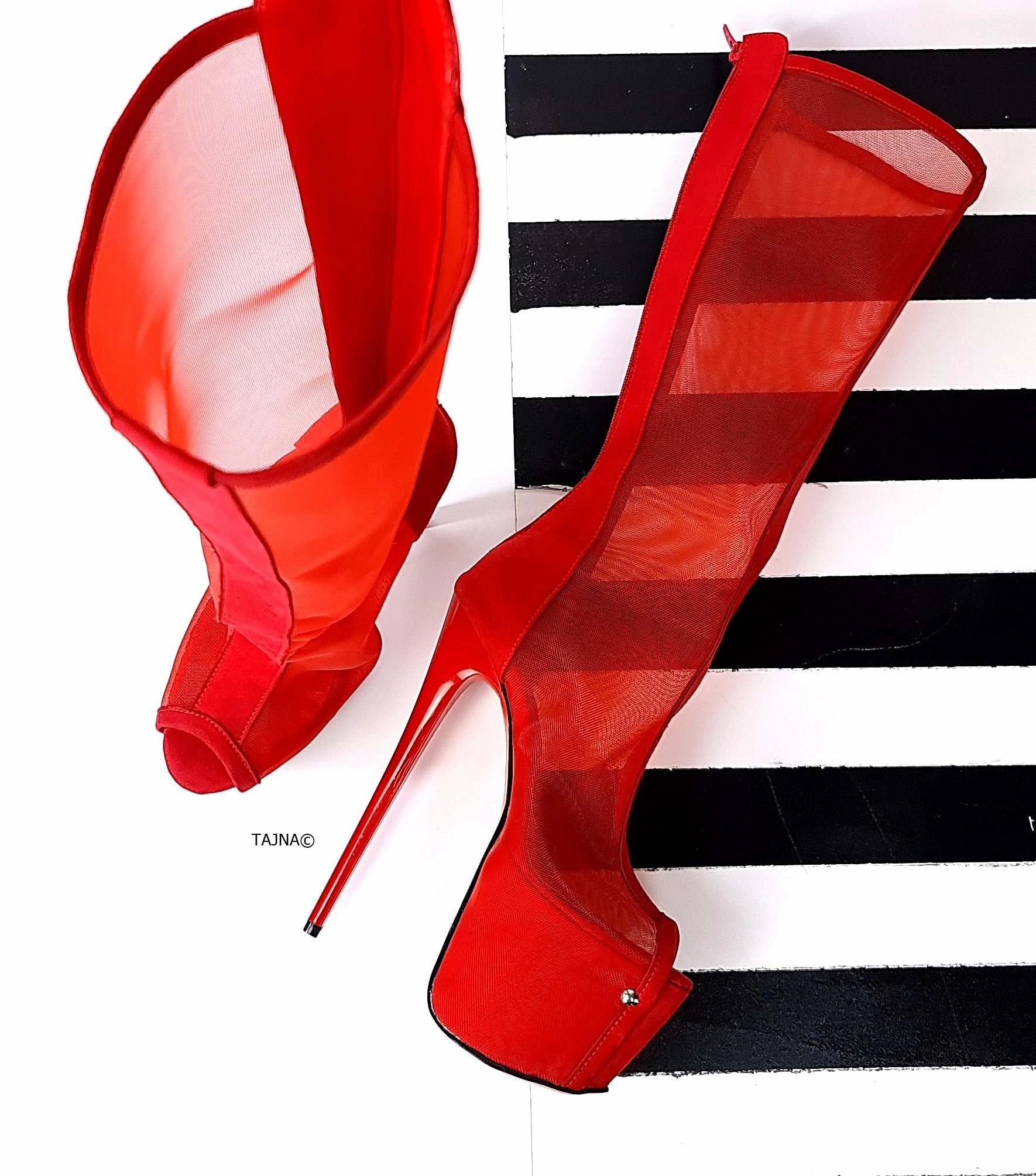 Red Transparent Mid Calf Heel Boots