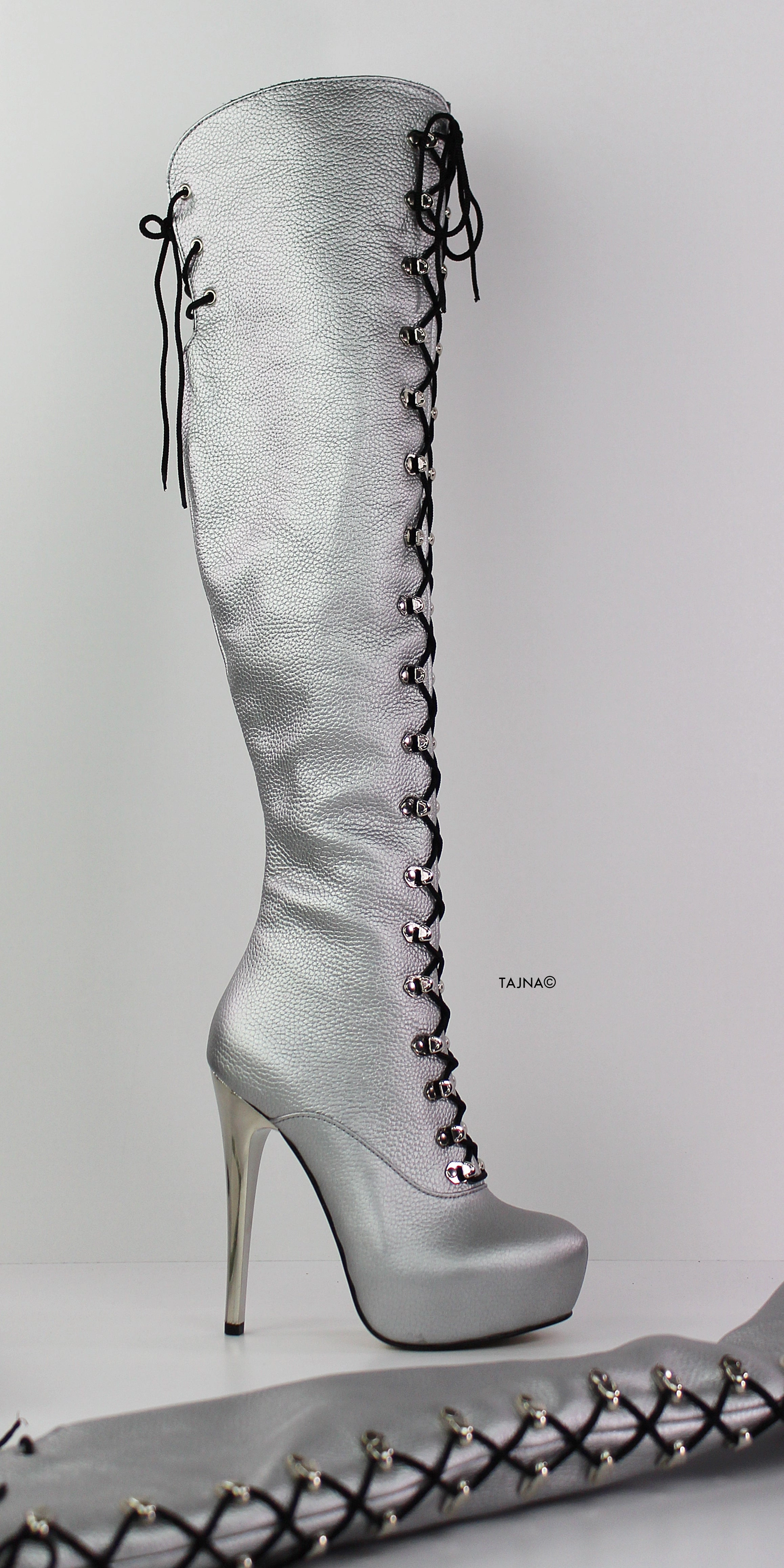 Silver Genuine Leather Lace Up Boots