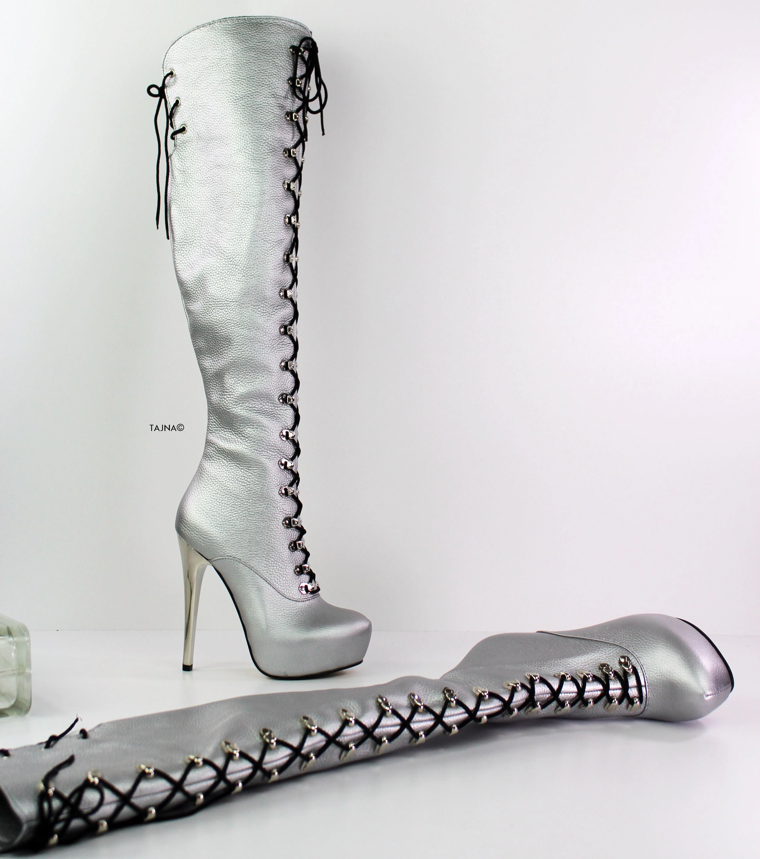 Silver Genuine Leather Lace Up Boots