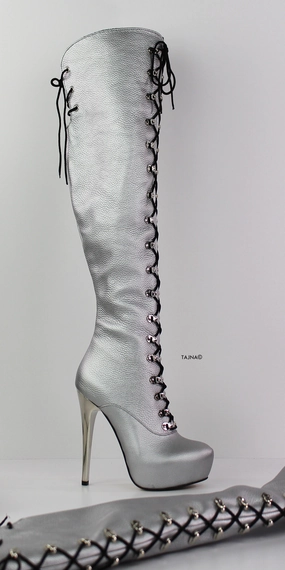 Silver Genuine Leather Lace Up Boots