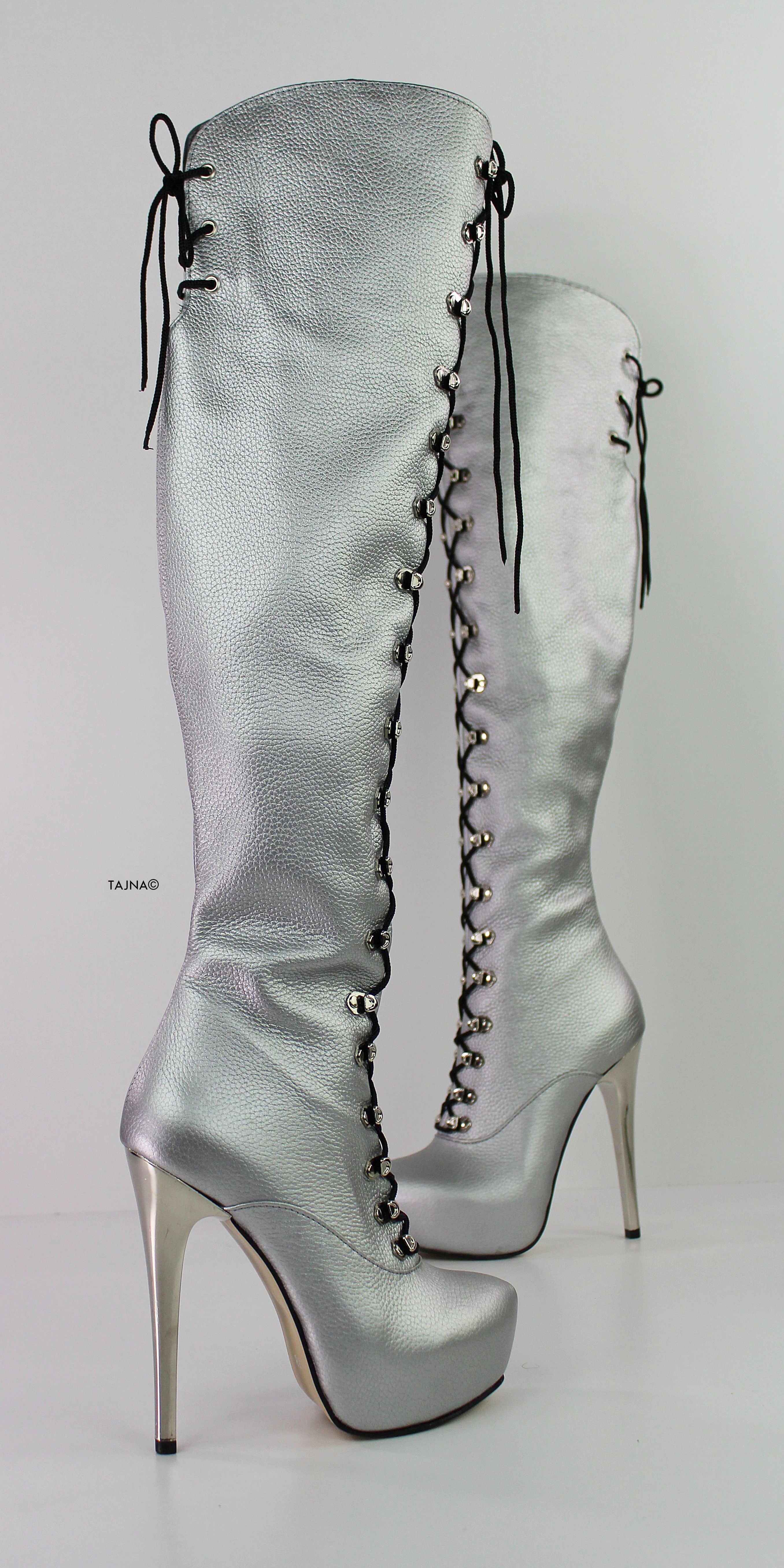 Silver Genuine Leather Lace Up Boots