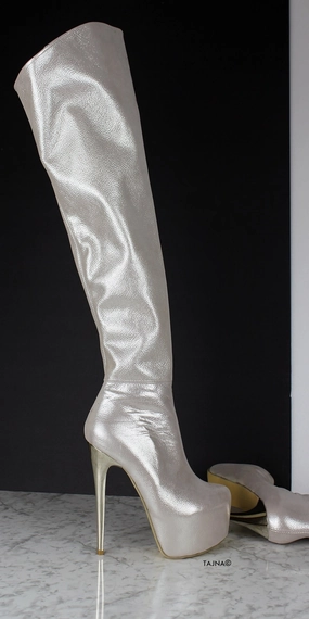 Silver Genuine Leather Over The Knee Boots