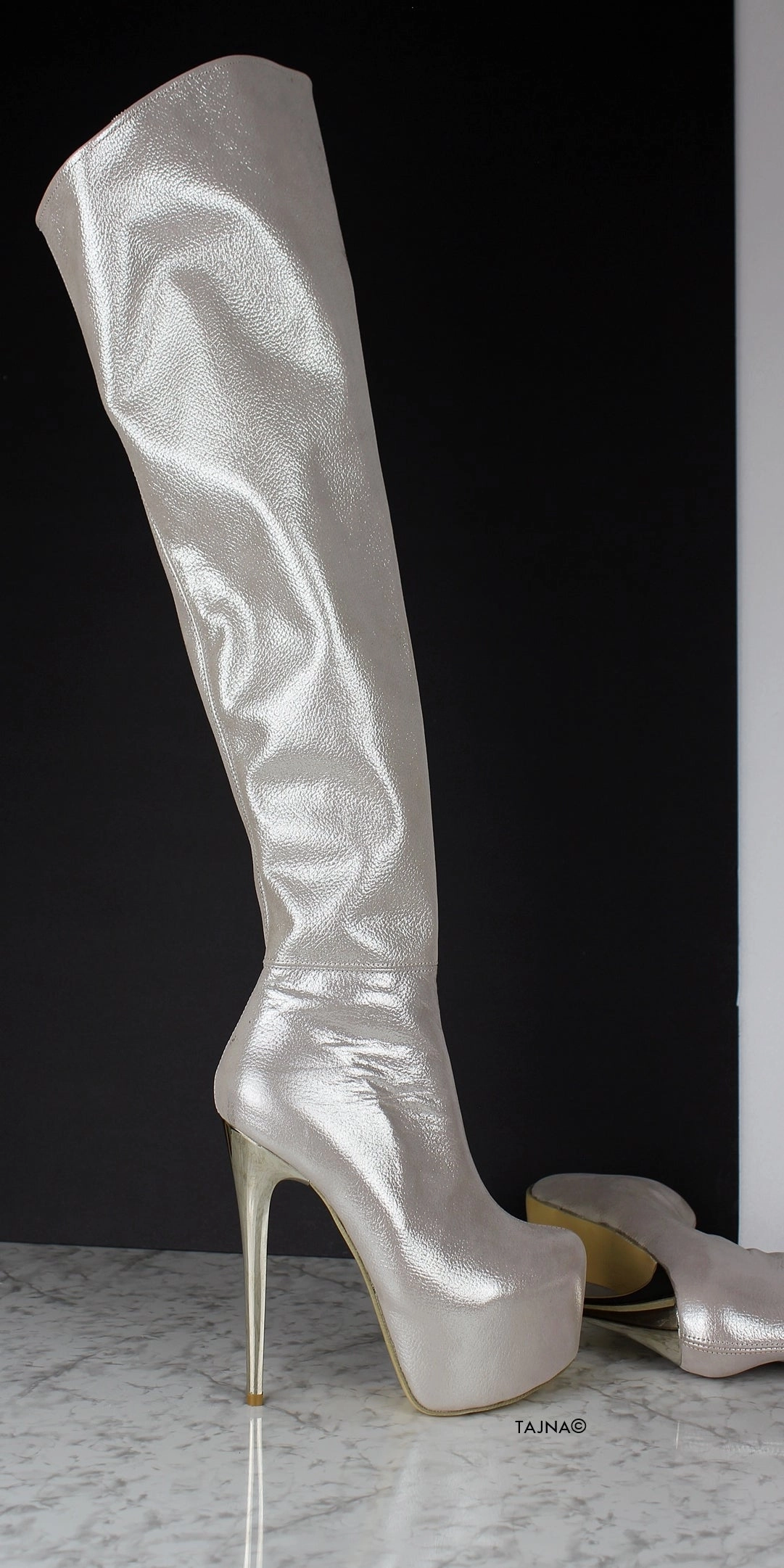 Silver Genuine Leather Over The Knee Boots