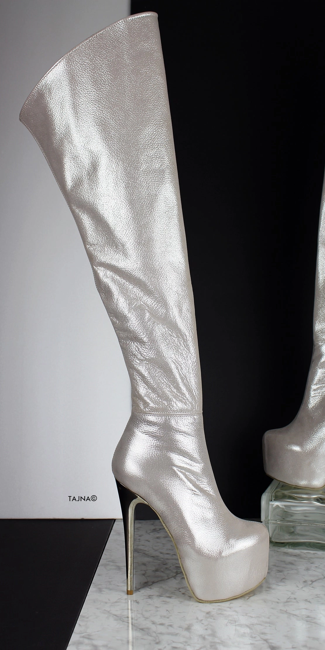 Silver Genuine Leather Over The Knee Boots