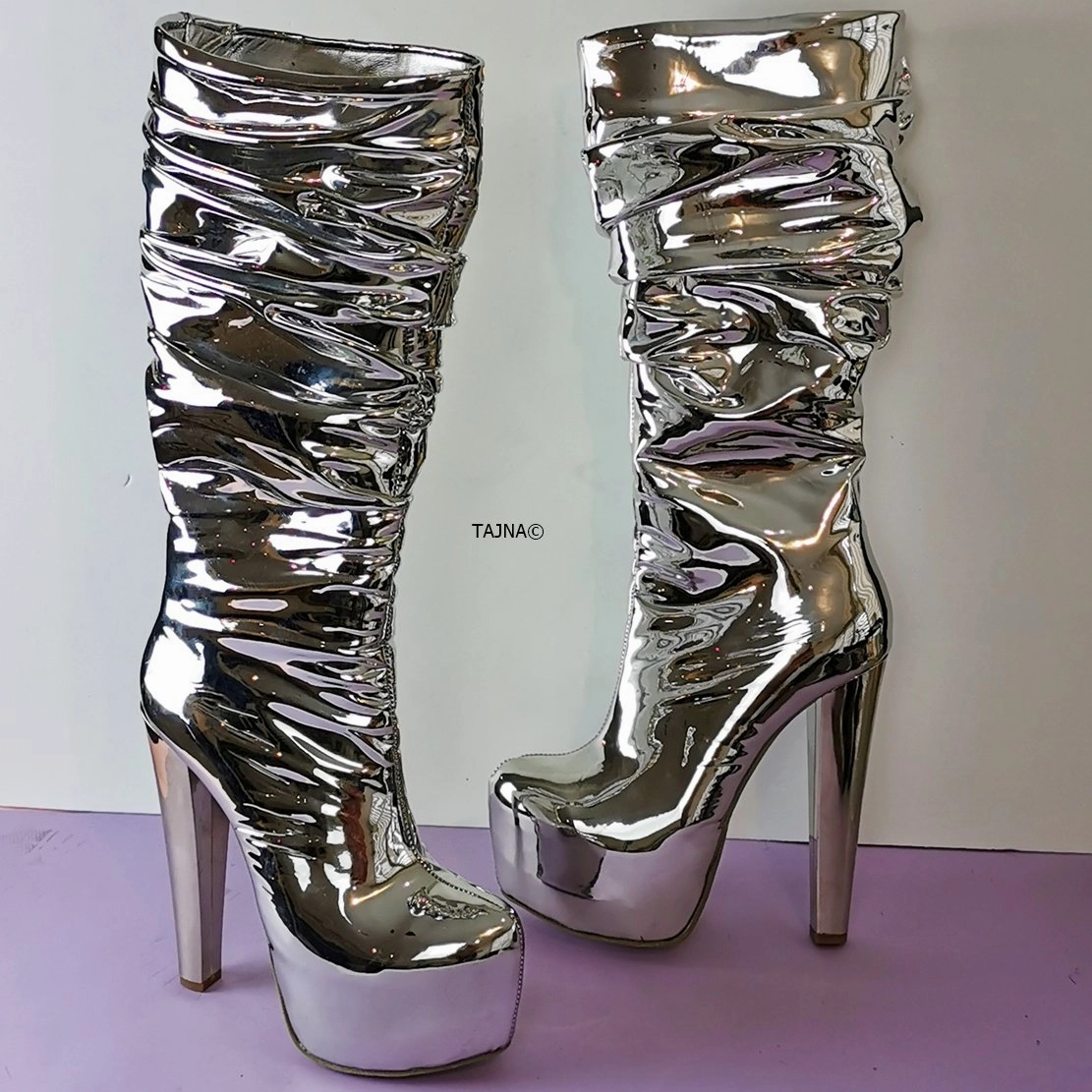 Silver Mirror Mid Calf Chunky Heel Boots