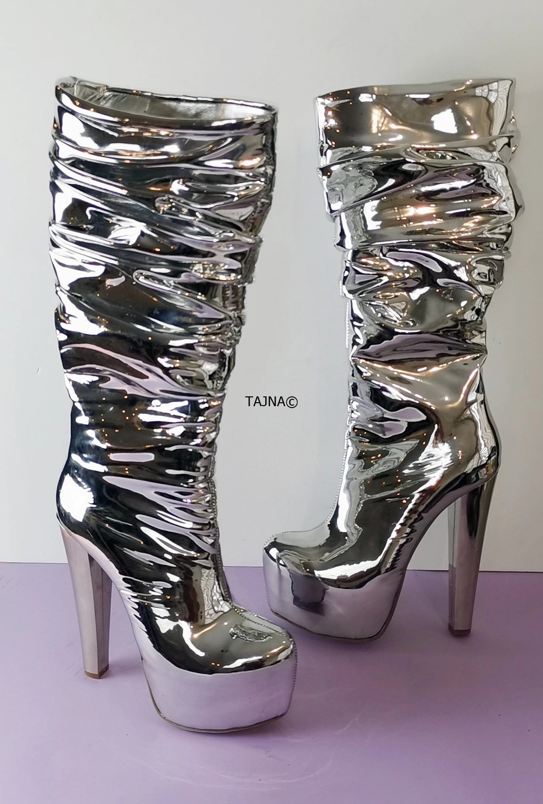 Silver Mirror Mid Calf Chunky Heel Boots