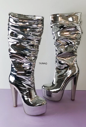 Silver Mirror Mid Calf Chunky Heel Boots