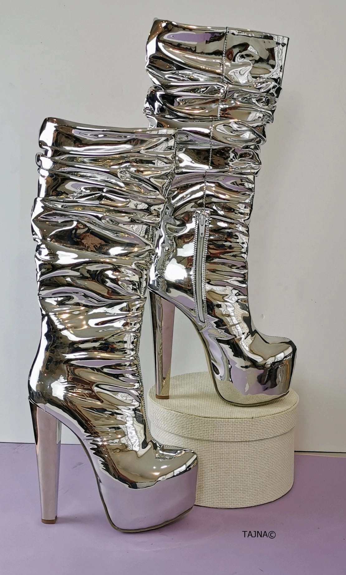 Silver Mirror Mid Calf Chunky Heel Boots