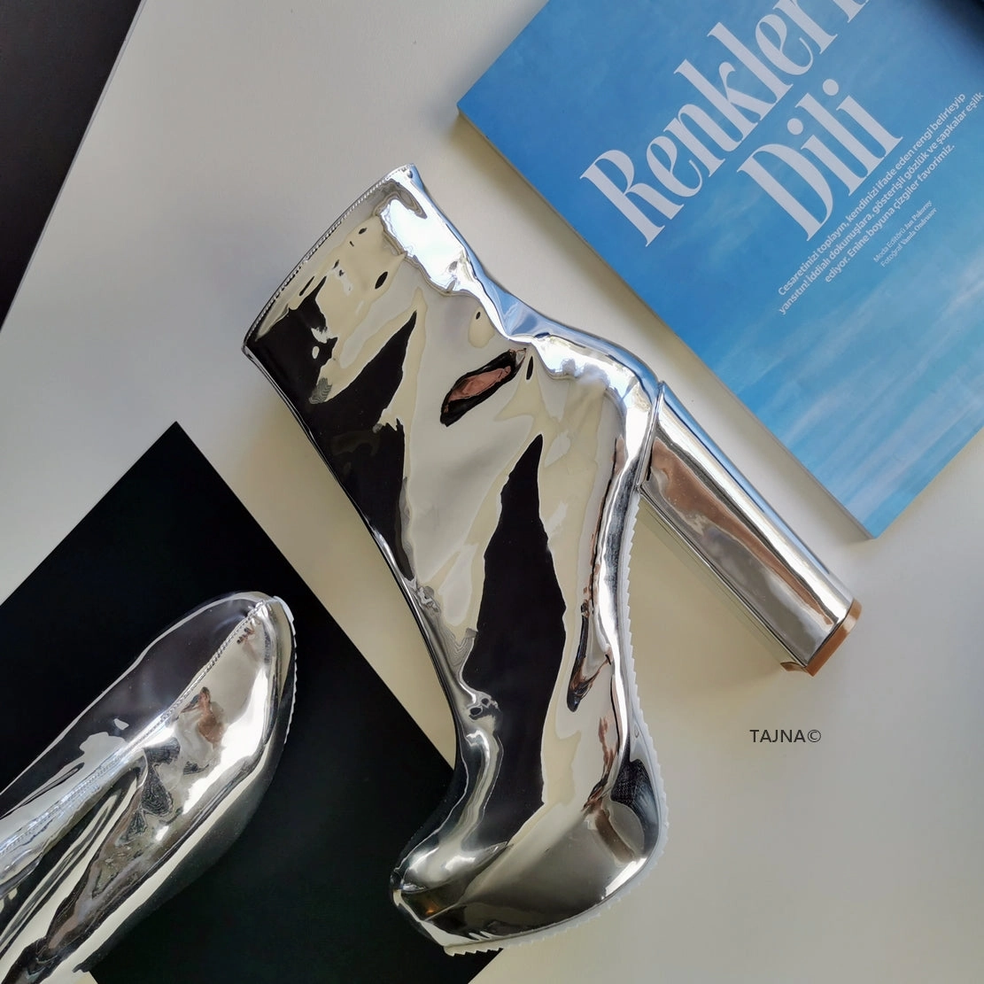 Silver Patent Mirror Chunky Heel Boots