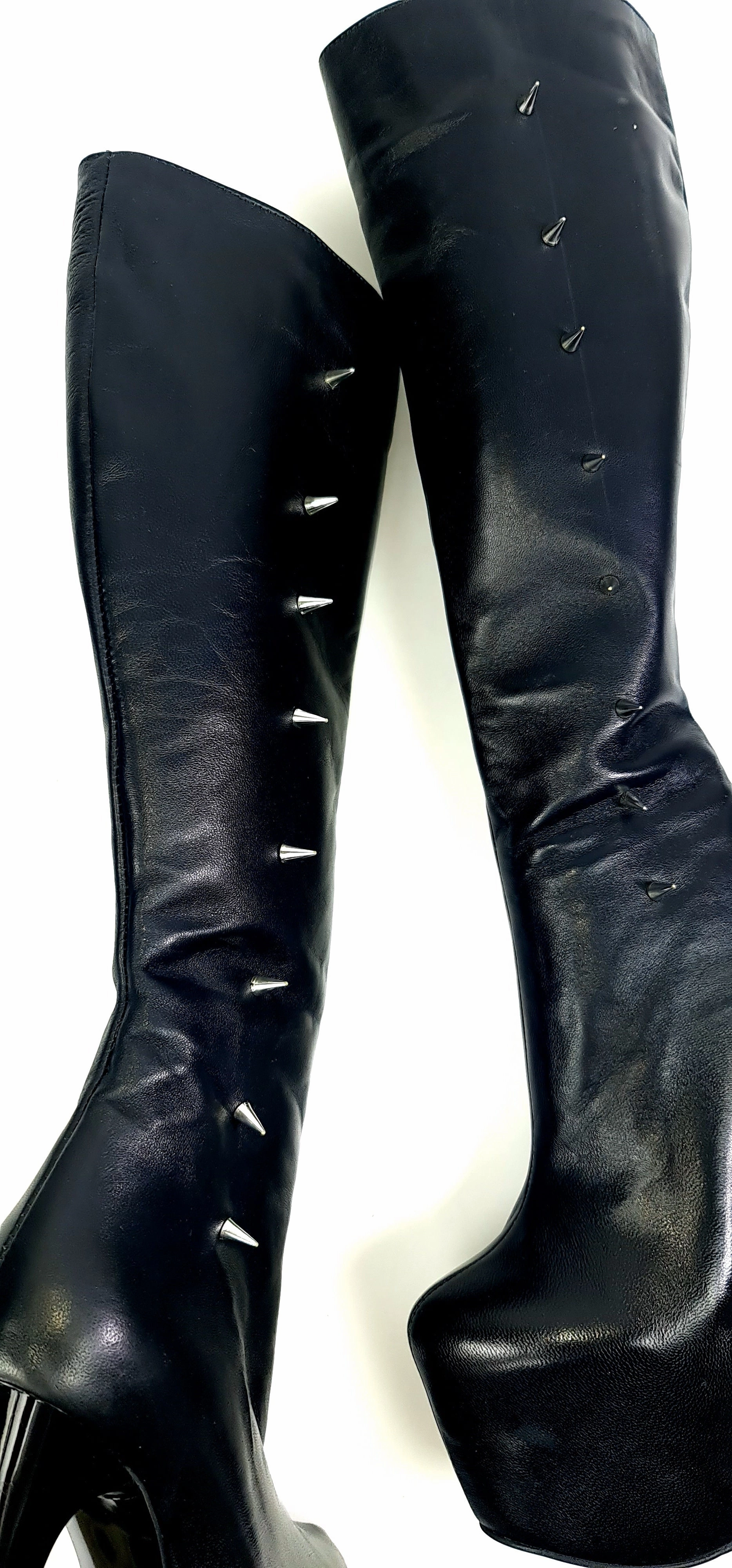 Spike Detailed Leather Black Mid-Calf Boots