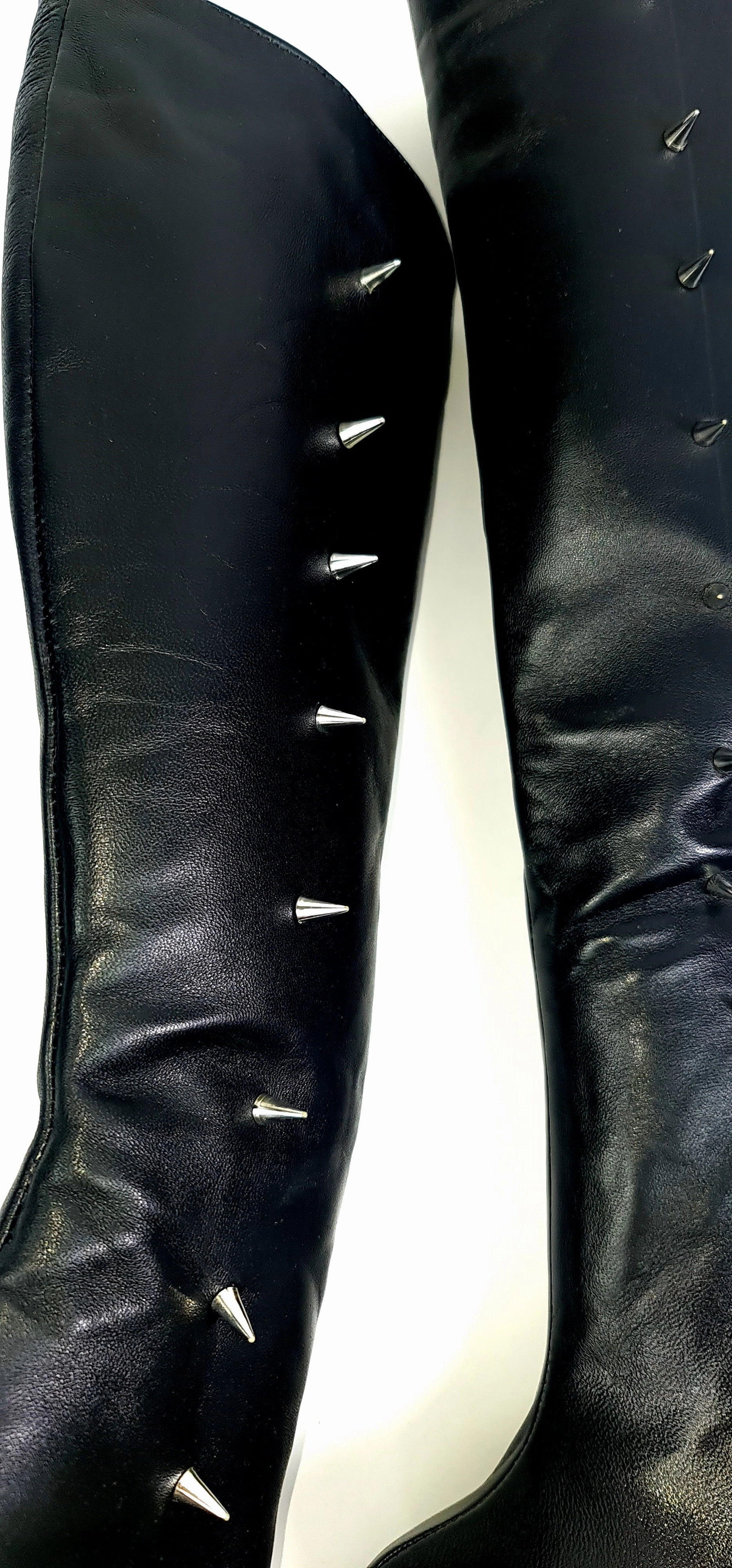 Spike Detailed Leather Black Mid-Calf Boots