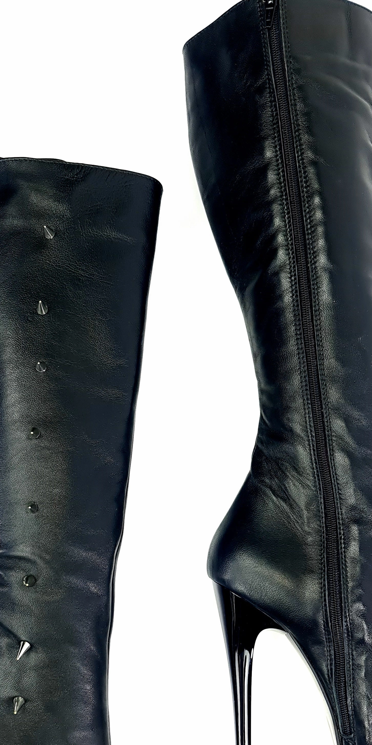 Spike Detailed Leather Black Mid-Calf Boots