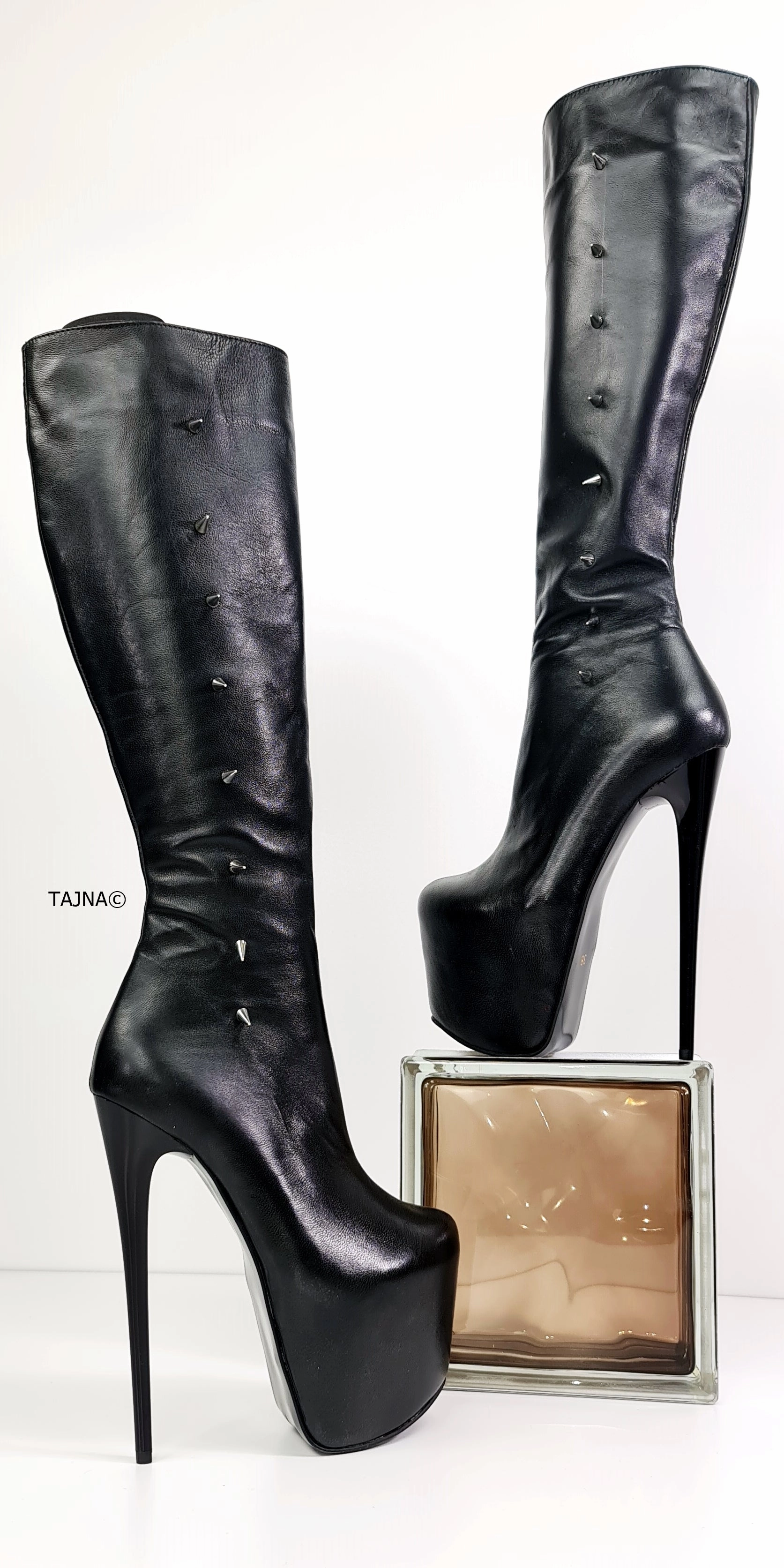 Spike Detailed Leather Black Mid-Calf Boots