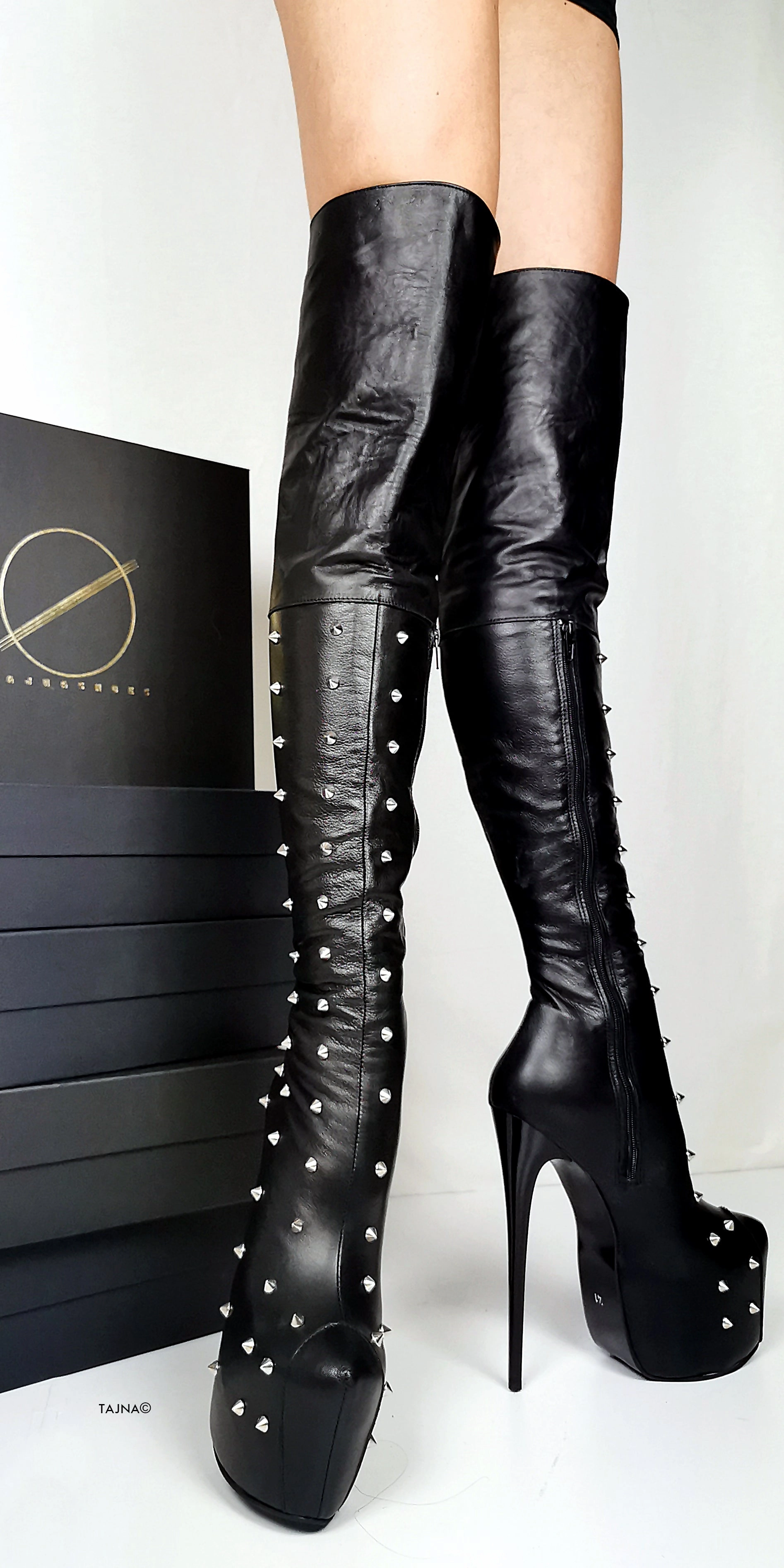 Spike Stud Black Genuine Leather Thigh Boots