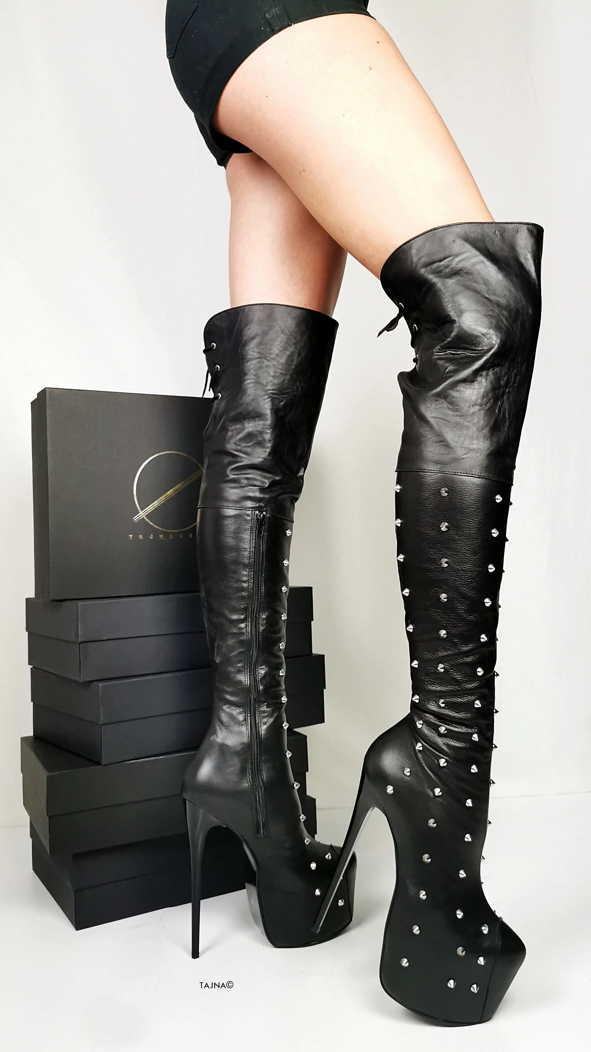 Spike Stud Black Genuine Leather Thigh Boots