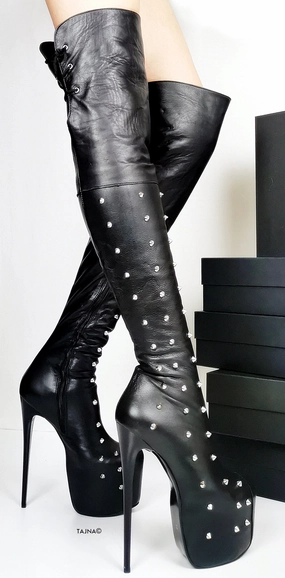 Spike Stud Black Genuine Leather Thigh Boots