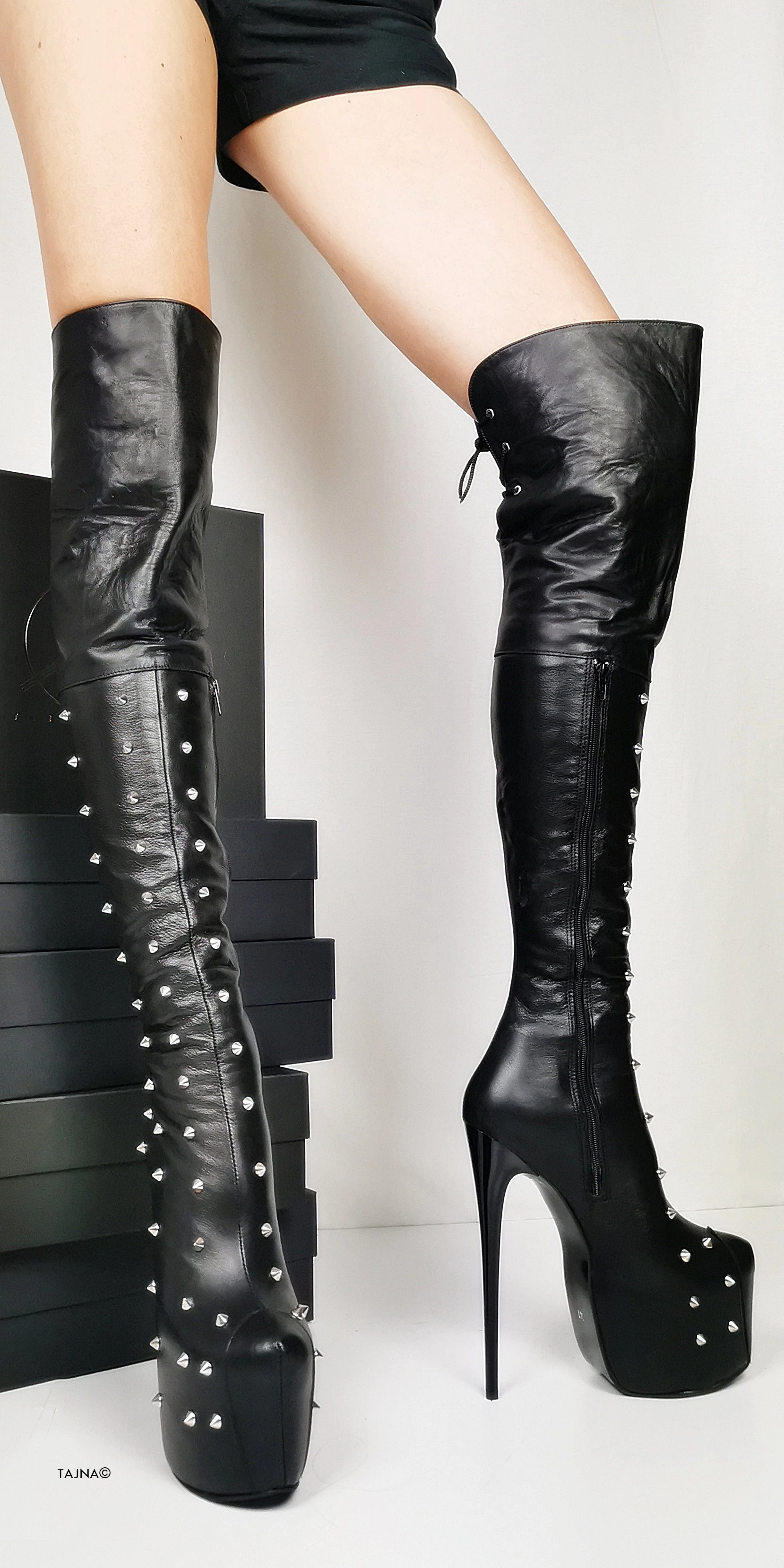 Spike Stud Black Genuine Leather Thigh Boots
