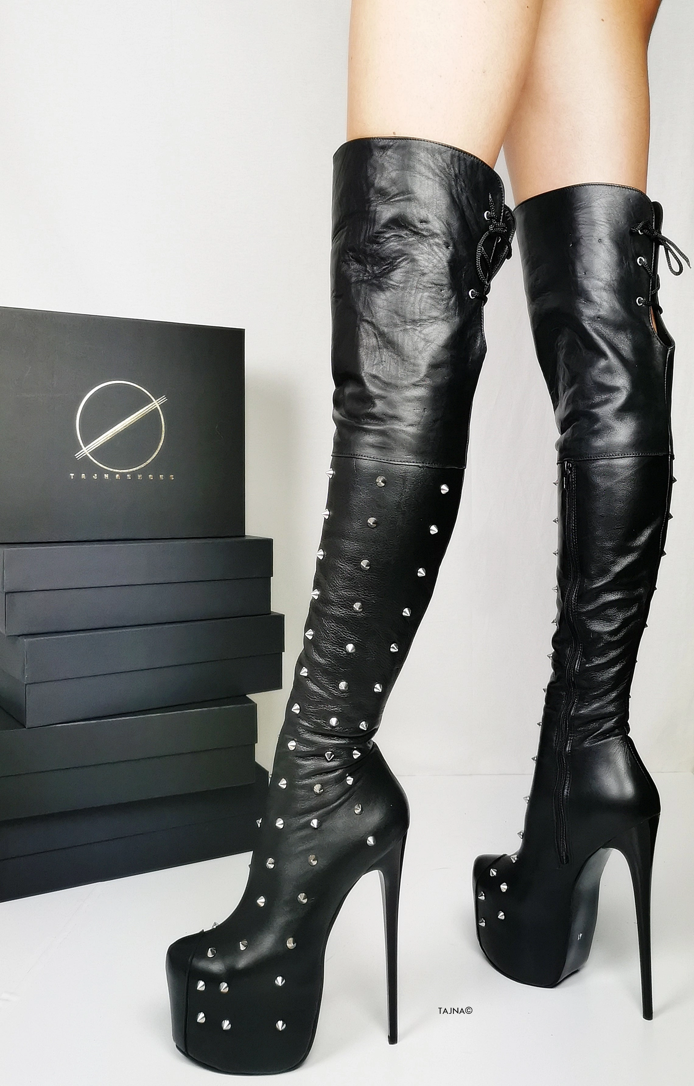 Spike Stud Black Genuine Leather Thigh Boots