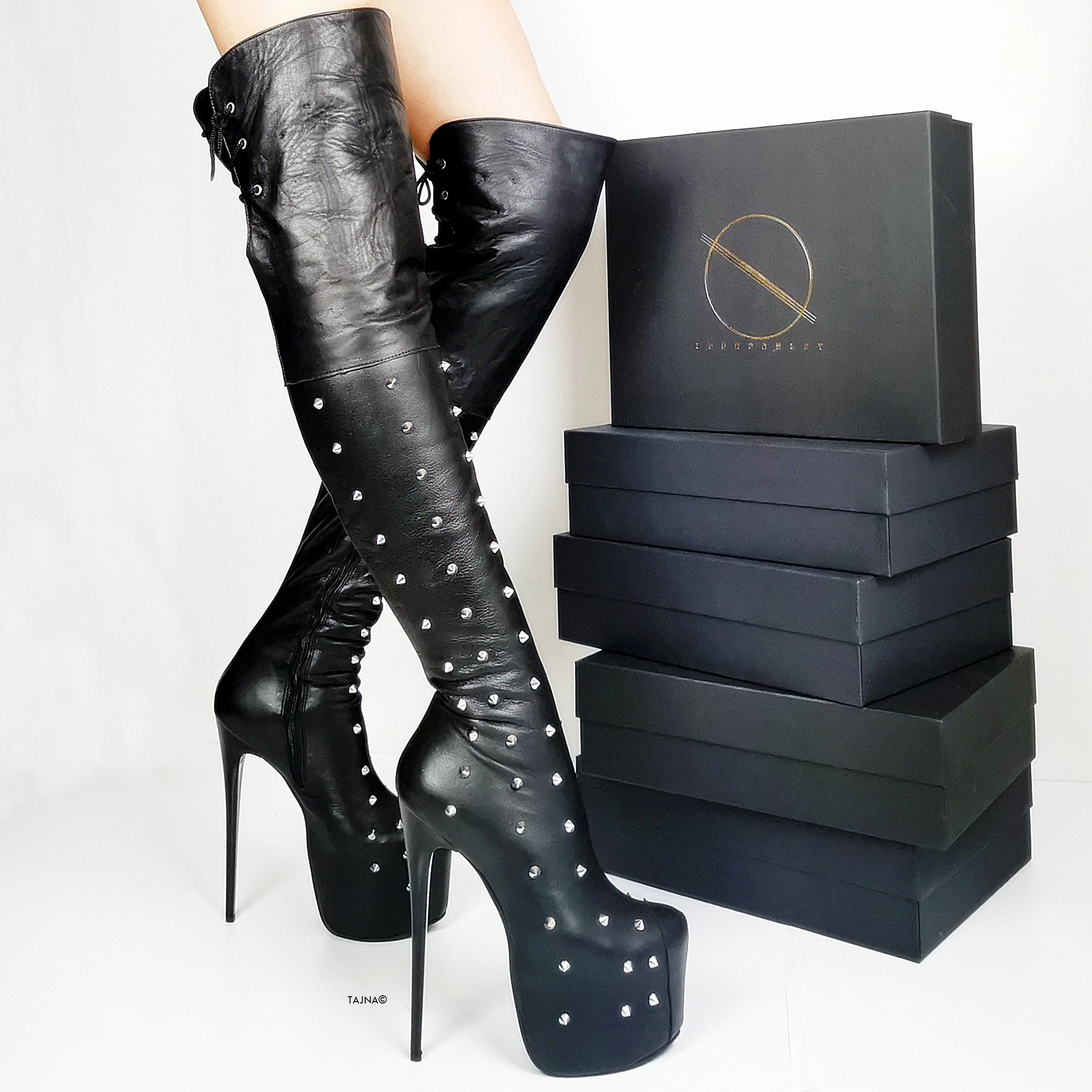 Spike Stud Black Genuine Leather Thigh Boots