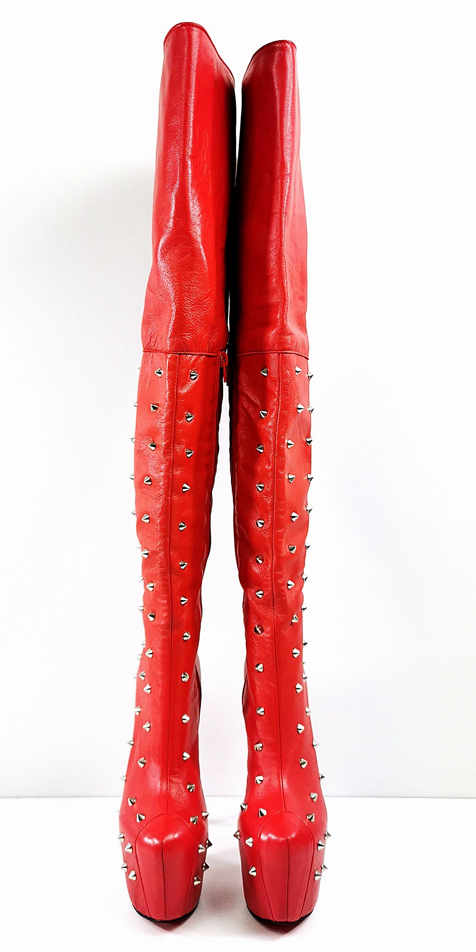 Spike Stud Red Genuine Leather Thigh Boots