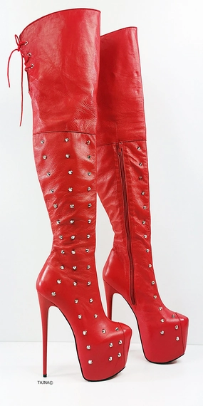 Spike Stud Red Genuine Leather Thigh Boots