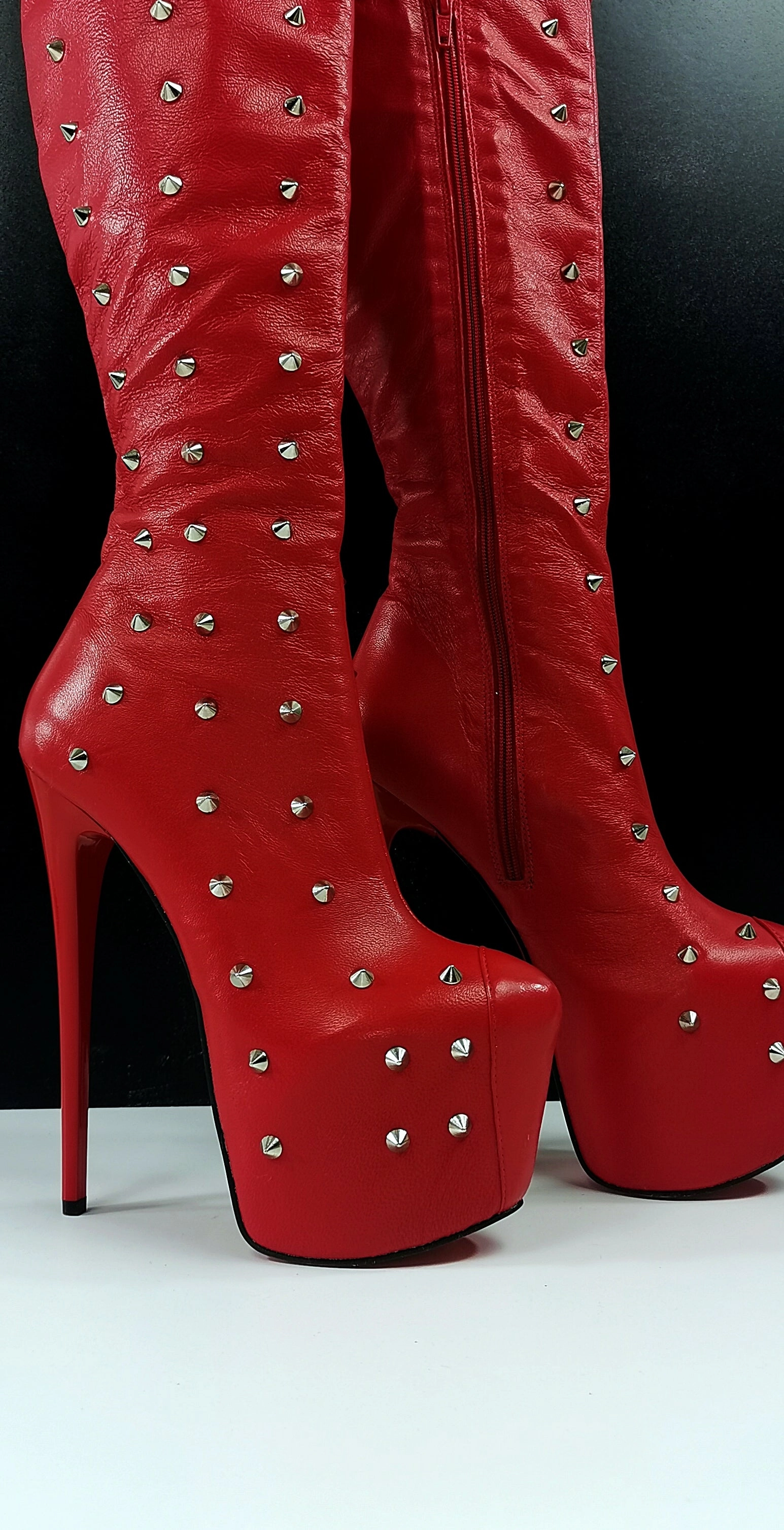 Spike Stud Red Genuine Leather Thigh Boots