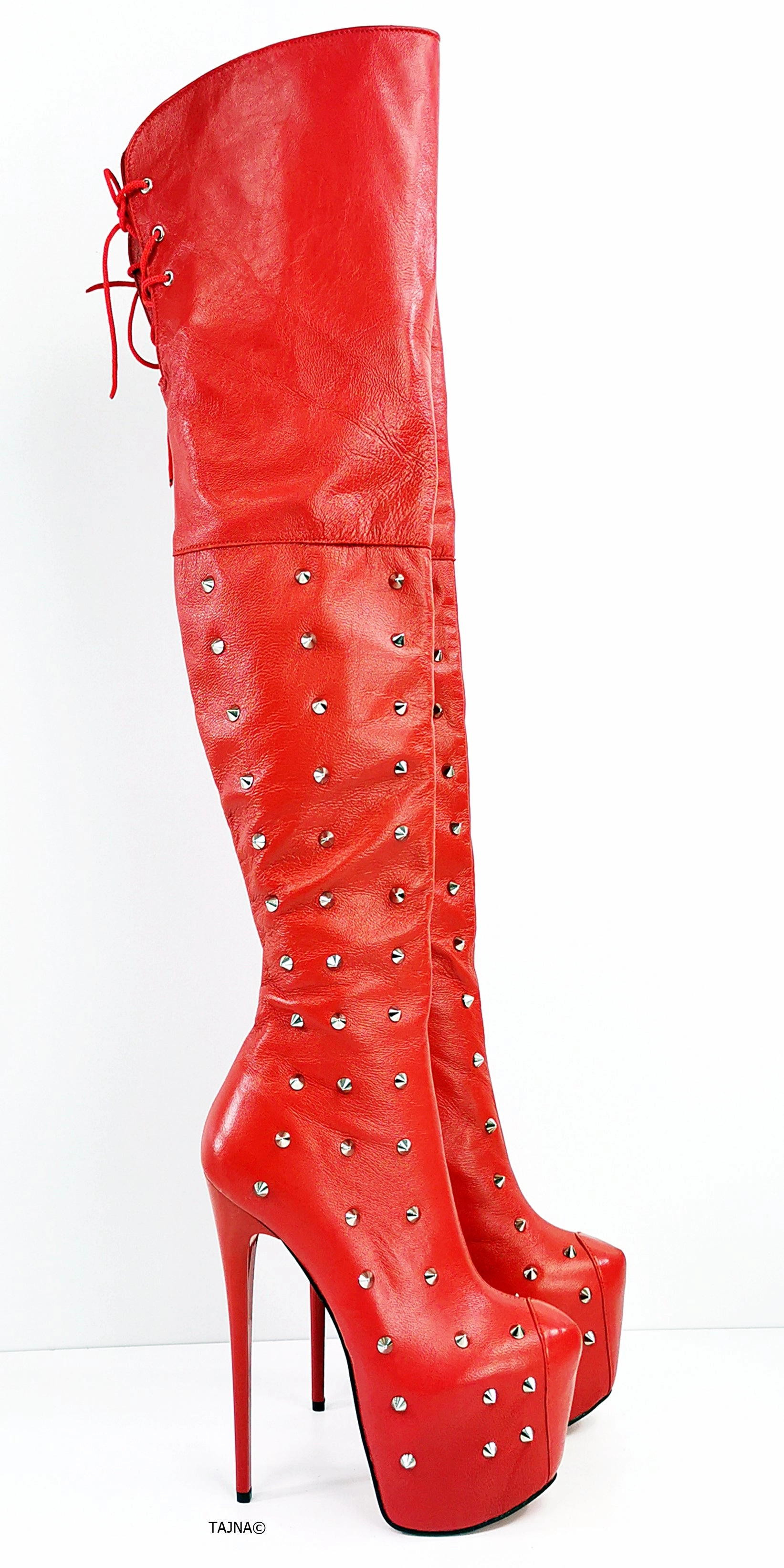 Spike Stud Red Genuine Leather Thigh Boots