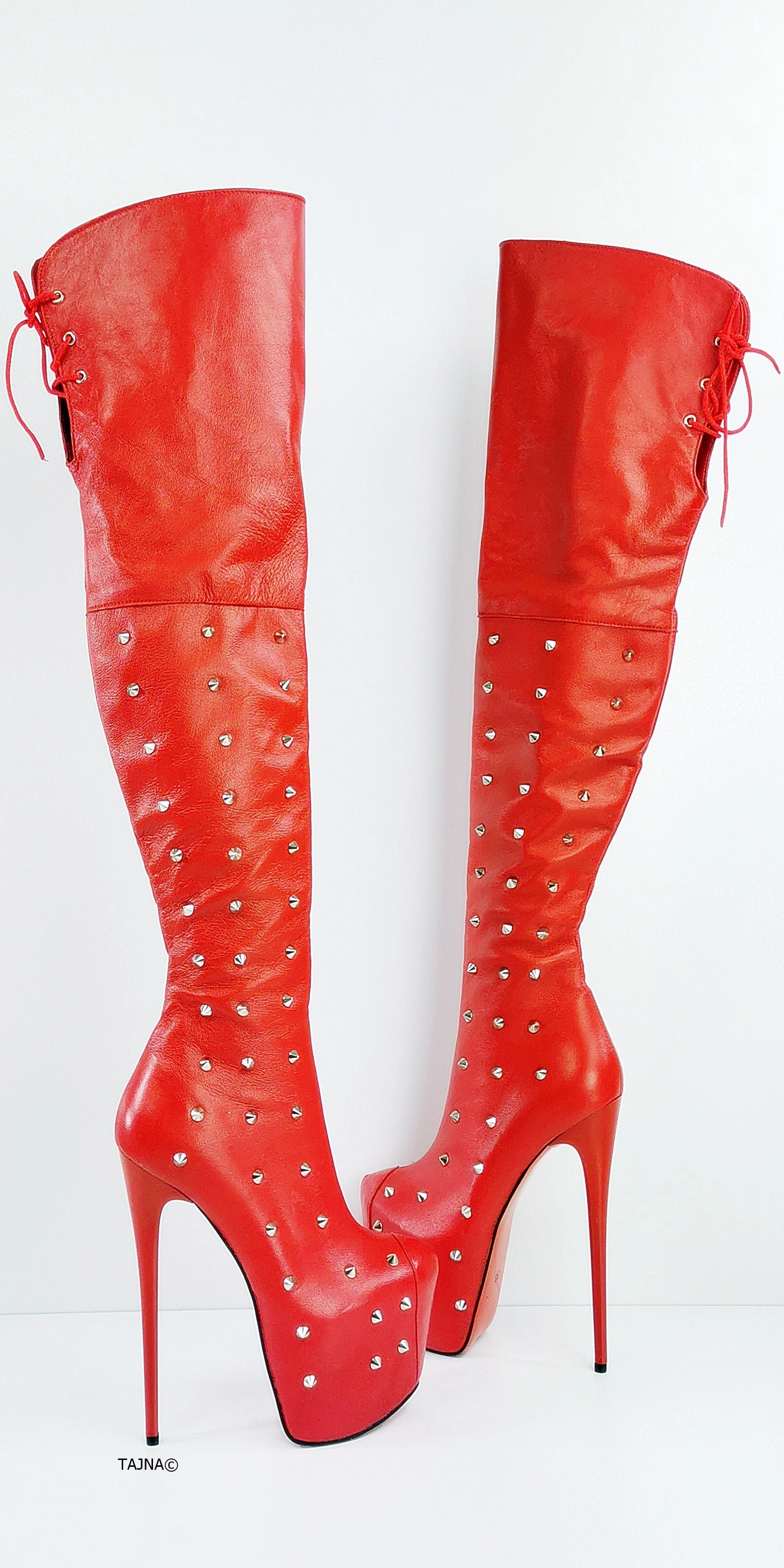 Spike Stud Red Genuine Leather Thigh Boots