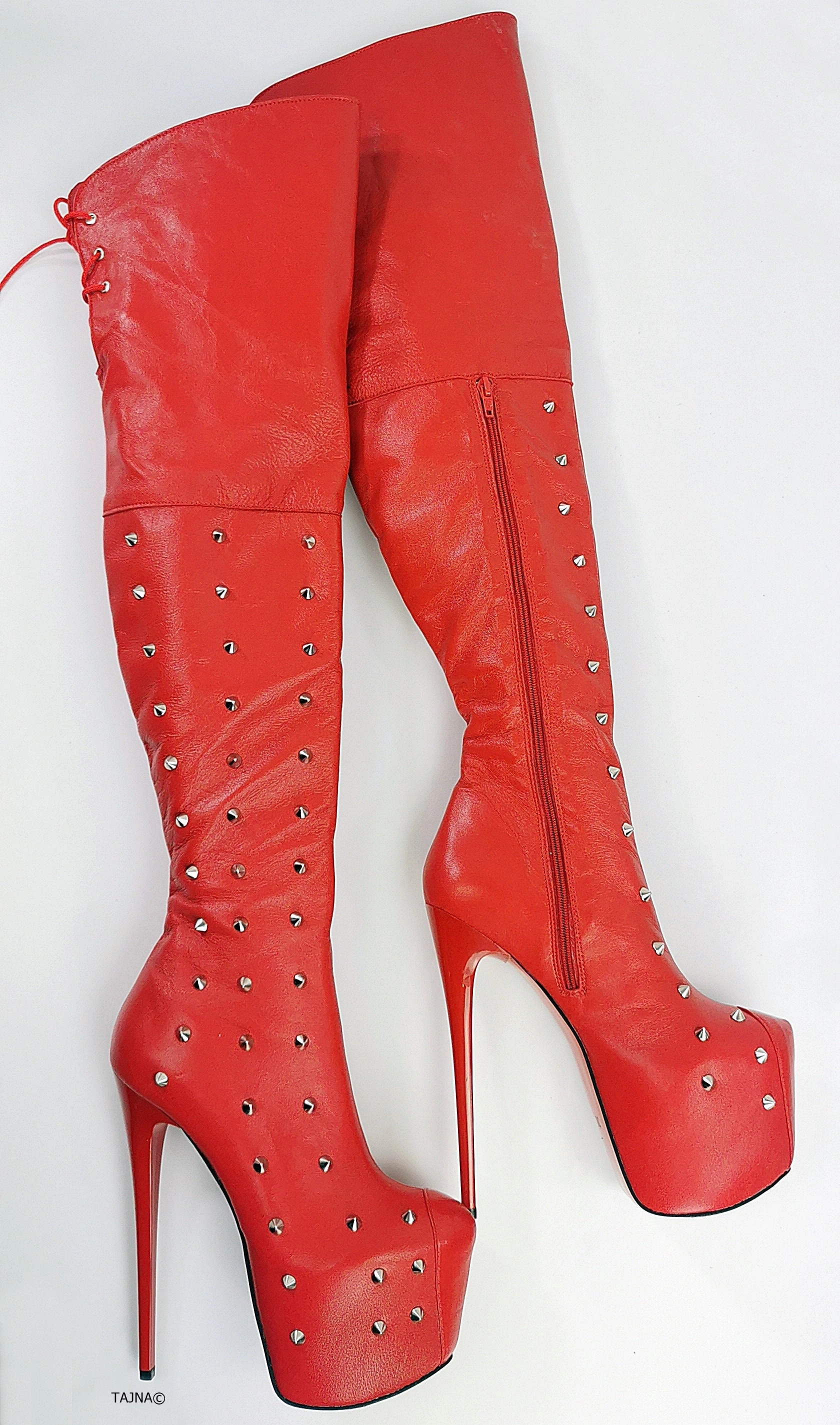 Spike Stud Red Genuine Leather Thigh Boots